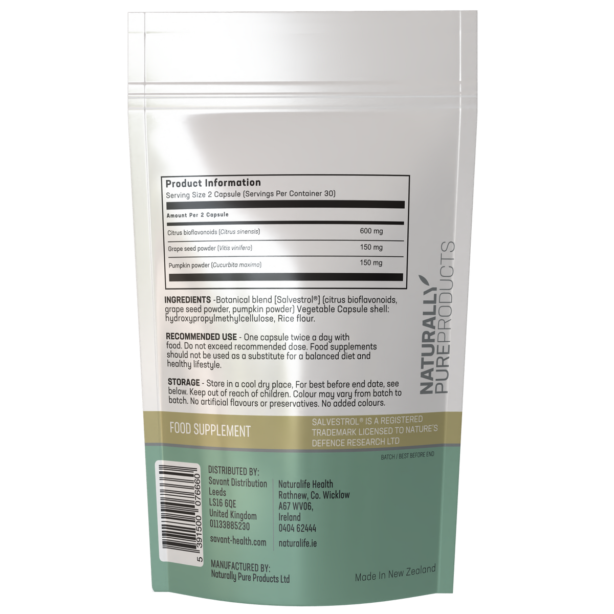 Salvestrol Platinum 60 pack, back label