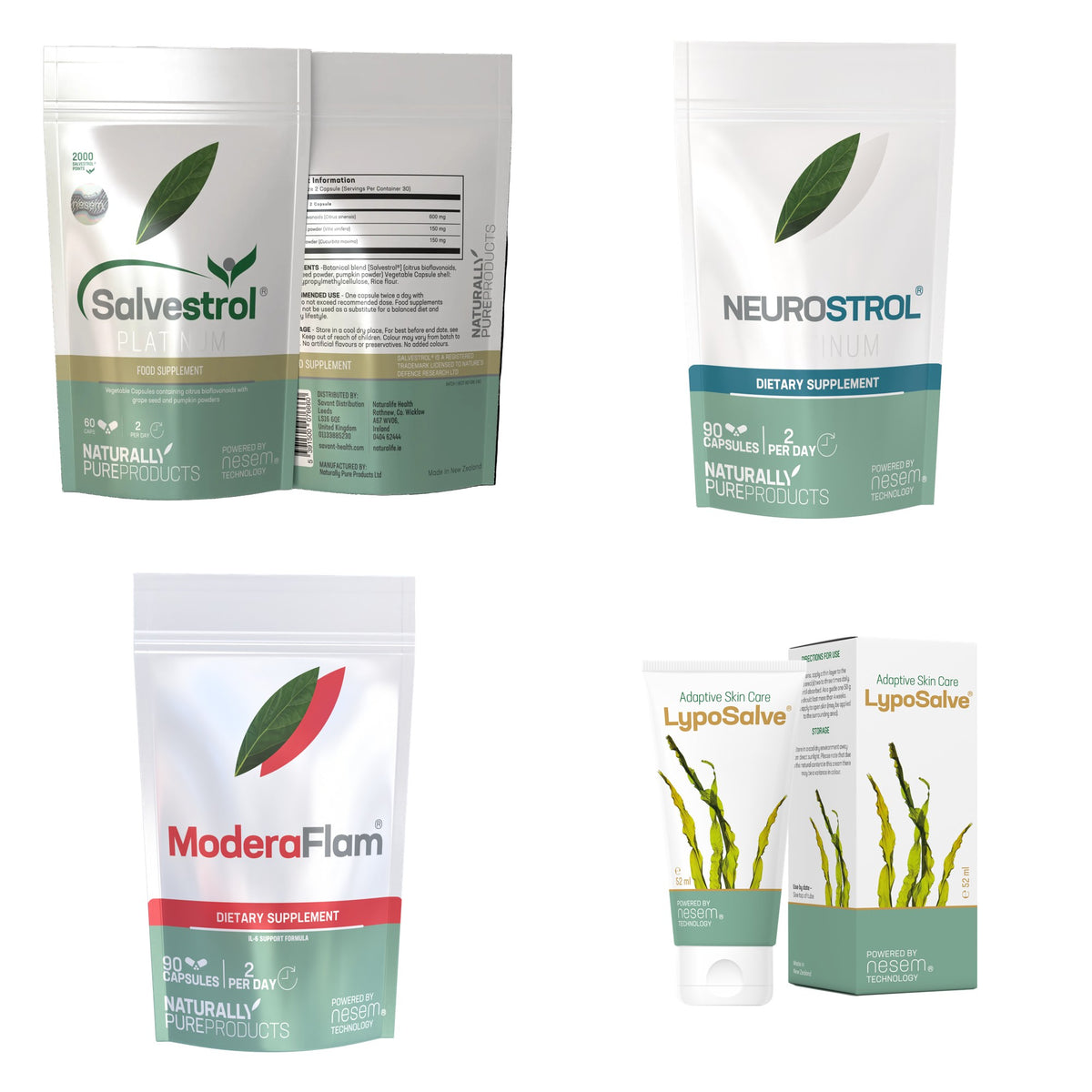 Monthly Wellness Pack: Salvestrol Platinum 60, Neurostrol Platinum, Moderaflam and Lyposalve cream
