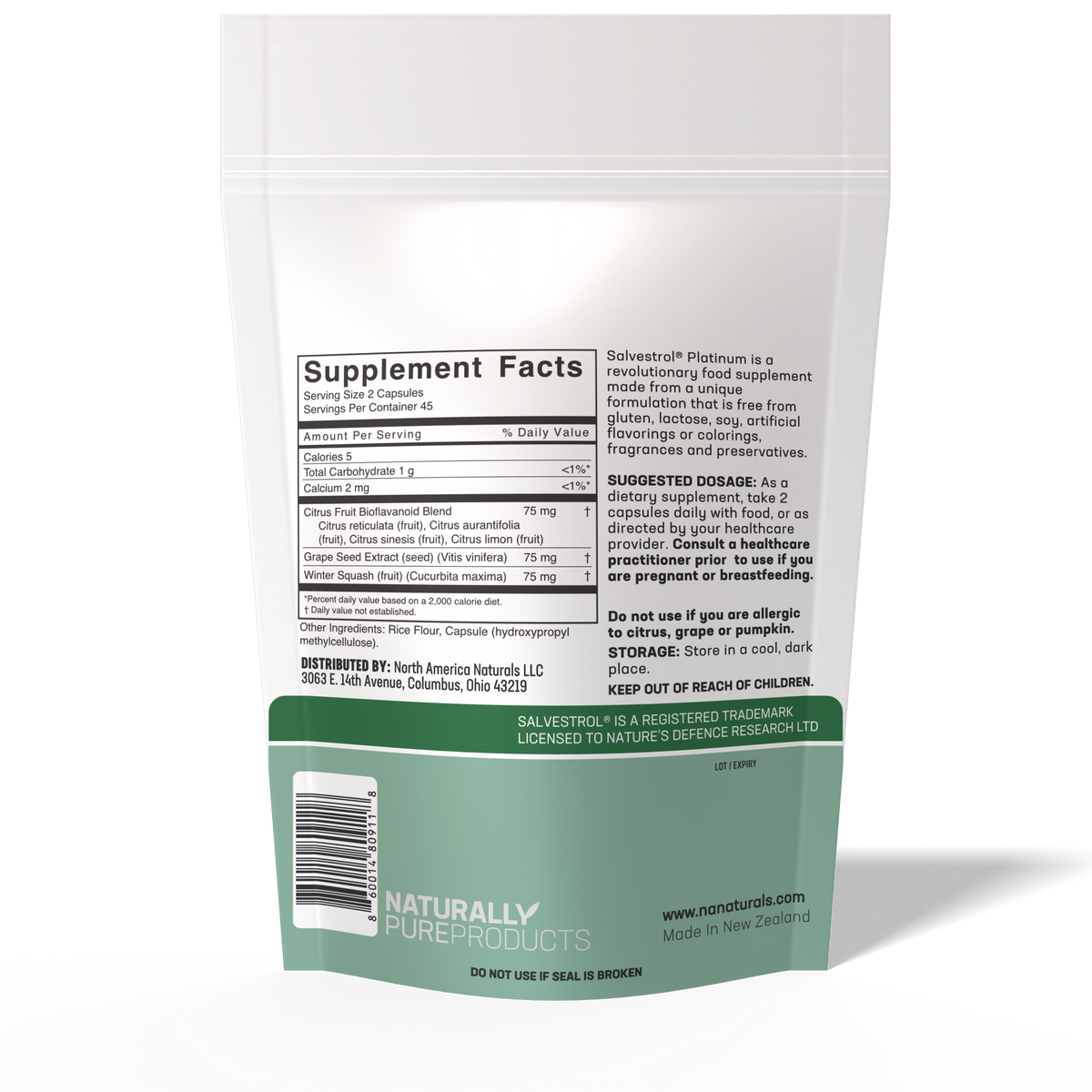 Salvestrol Platinum 90 pouch, back label with ingredients
